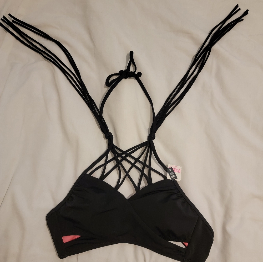 Pink Victoria secret bikini top black fringe Small